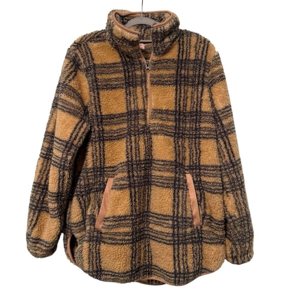 Pink Lily Quarter Zip Pullover Brown Plaid Faux Fur Teddy Sherpa Fleece Women S